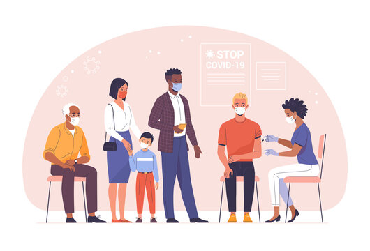  General Vaccination Against Coronavirus. Vector Illustration Of A Young Man Being Vaccinated By A Black Doctor And People Of Different Ages And Nationalities Waiting In Line. Isolated On Background 