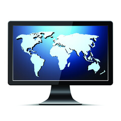 Lcd tv with blue world map. Vector illustration