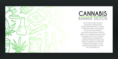 Fototapeta na wymiar Cannabis Banner Doodle. Marijuana Background Hand drawn. Smoke Icons illustration. Vector Horizontal Design.