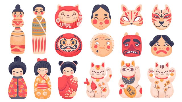 Japanese traditional toys. Daruma, kokeshi dolls, maneki neko lucky cat and mask from Japan. Cute cartoon asian culture symbols vector set