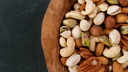 Raw various nuts, top down view.