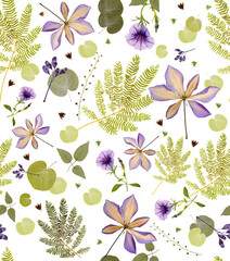 Seamless pattern, composition of dried flowers, leaves. For fabric, background, textile, cover...