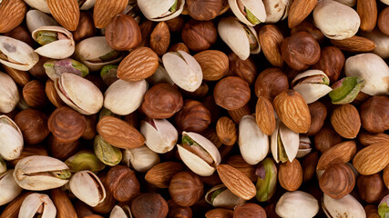 Raw various nuts, top down view.