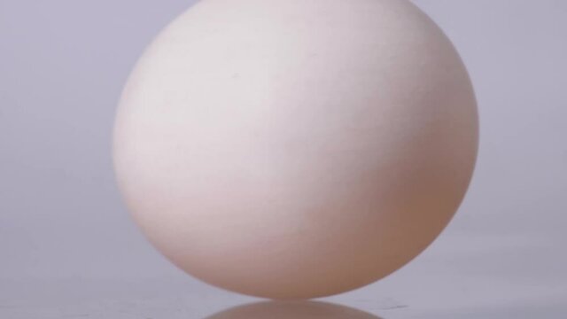 White chicken egg spinning on a white background or white table. Nutrition