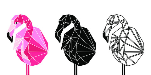 Abstract vector flamingo bird portrait in colour, black and outline variations. Totemic exotic birds © ArtPavo