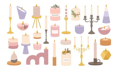 Fototapeta na wymiar Candles in candlesticks. Vintage old candelabras and modern candlestick. Decorative burning candle in holder. Candlelight flame vector set