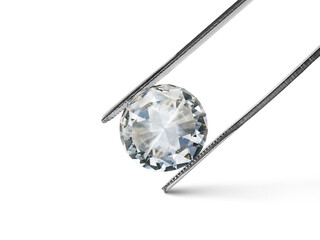 Diamond on square white background held in diamond tweezers