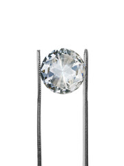 Diamond on square white background held in diamond tweezers