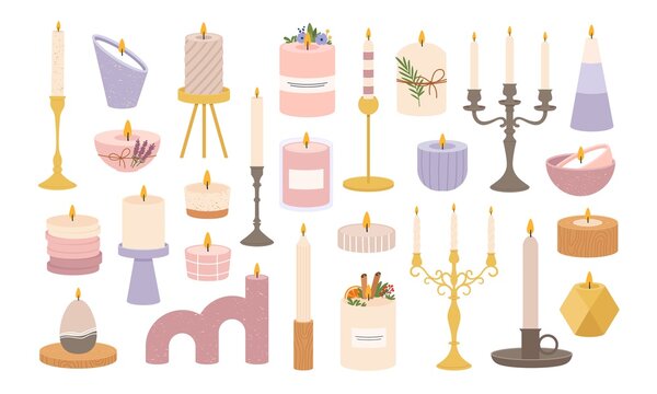 Candles in candlesticks. Vintage old candelabras and modern candlestick. Decorative burning candle in holder. Candlelight flame vector set