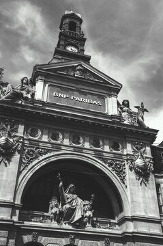 PARIS, FRANCE - JUNE 24, 2018: BNP Paribas asset management headquarters. BNP Paribas is a French international banking group an it is the world's 8th largest bank by total assets. Black white photo.