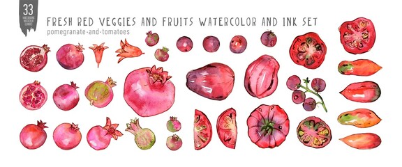 Watercolor and ink pomegranate and tomatoes set isolated on white.  Colorfull set of red veggies and fruits for design a textile, fabric, wallpapers, print and banners.