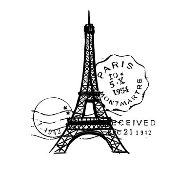 Sketch of Eiffel Tower with post stamps. Romantic symbol in France. Sightseeing landmark.