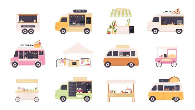 Street kiosks. Fast food trucks, tents and popcorn cart for outdoor summer fair. Festival market stall with flowers and clothes vector set