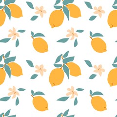 Seamless pattern of fresh fruit yellow lemon with green leaf, flower, slice in hand drawing style isolated on white background. Vector flat illustration.Design for textile, wallpaper, wrapping