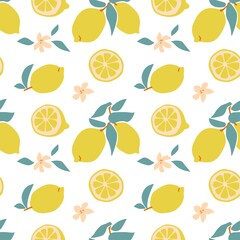 Seamless pattern of fresh fruit yellow lemon with green leaf, flower, slice in hand drawing style isolated on white background. Vector flat illustration.Design for textile, wallpaper, wrapping
