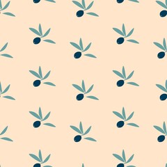 Seamless pattern of olive tree branches with green leaf and fruit olives isolated on beige background. Vector flat illustration. Design for textile, wallpaper, wrapping, backdrop