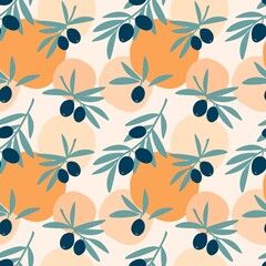 Seamless pattern of olive tree branches with green leaf and fruit olives isolated on colorful background. Vector flat illustration. Design for textile, wallpaper, wrapping, backdrop