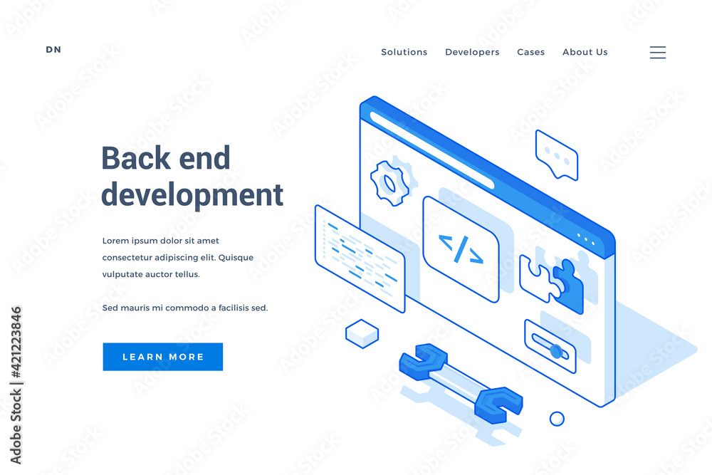 Poster website of back end interface development in isometric style