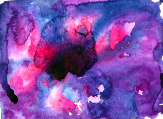 abstract watercolor background of bright pink blue purple flowers with a dark spot in the middle. the texture of watercolor colorful streaks of pink, ultramarine, purple.