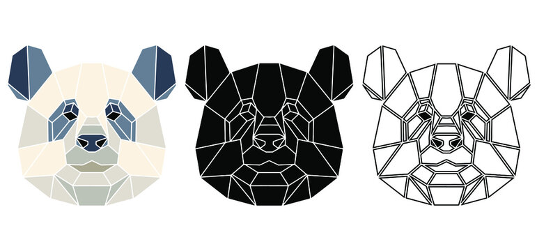 Abstract Vector Panda Portrait In Colour, Black And Outline Variations. Totemic Wild Animals