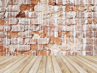 Room interior with splashed paint brick wall and wood floor background.