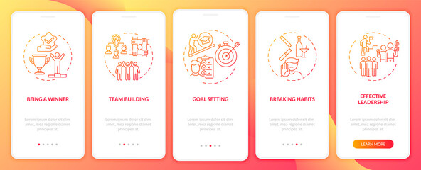 Motivational content types onboarding mobile app page screen with concepts. Learning to break habits walkthrough 5 steps graphic instructions. UI vector template with RGB color illustrations