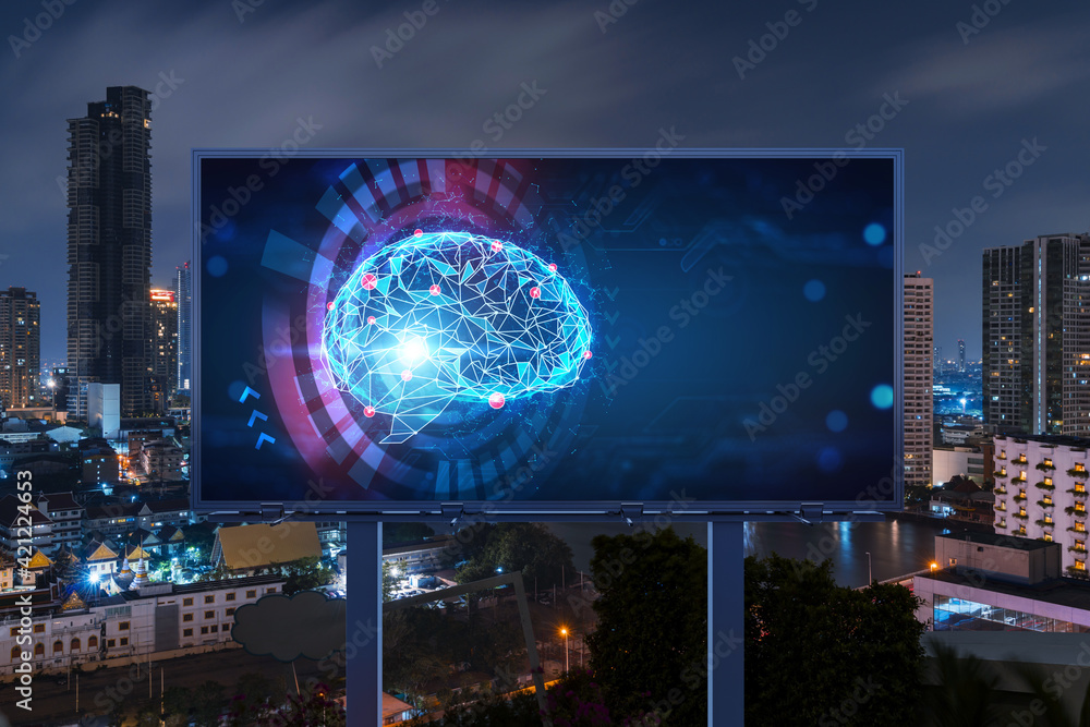 Poster brain hologram on billboard with bangkok cityscape background at night time. street advertising post