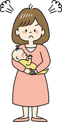 プンプン怒るお母さんと赤ちゃん（全身）