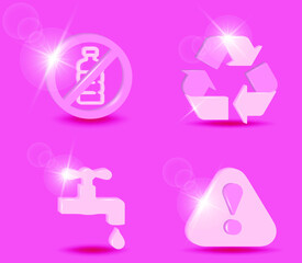 Set of environmental icons. Circular arrow, No plastic bottle, water tap dripping with water drop, Exclamation mark of warning attention icon. 3d vector illustration.