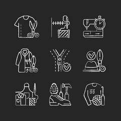 Sewing chalk white icons set on black background. Resizing shirts. Needlecraft workshop. Garment restoration. Clothing alteration and repair services. Isolated vector chalkboard illustrations