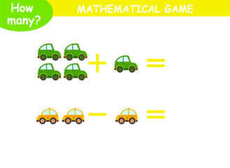 mathematical examples of addition and subtraction with colored cars