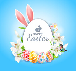 Happy easter day easter eggs colorful different and patterns texture  and rabbit ears with lilies flower and butterfly on blue color background. Vector illustrations.