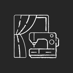 Curtain sewing and alteration chalk white icon on black background. Professional upholstery and household items fix. Sewing machine. Clothing repair services. Isolated vector chalkboard illustration