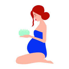 Pregnant woman sitting on her knees with water lily flower in her hands. Pregnancy vector illustration. Pregnant woman with belly. Vector stock illustration. 