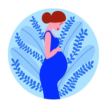 Pregnant woman vector illustration. Woman holds her belly. Vector stock illustration. Pregnancy flat logo. Different leaves background.