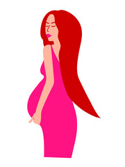 Fototapeta na wymiar Pregnant woman vector illustration. Woman holds her belly. Vector stock illustration. Pregnancy flat logo. Different leaves background.