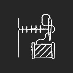 Hemming and seam repair chalk white icon on black background. Needle stitching clothes. Thread with spool. Clothing alteration and repair services. Isolated vector chalkboard illustration