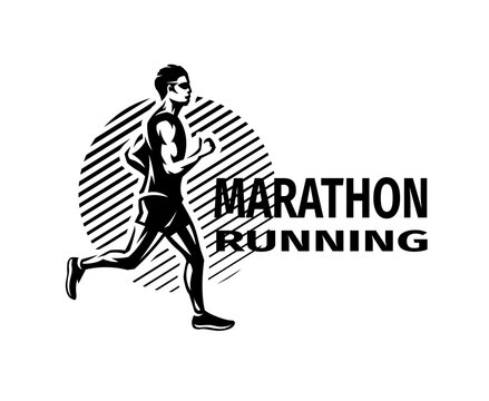 Run marathon. Running man, Logo, emblem. Vector illustration.