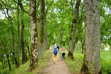 Fototapeta na wymiar Family of four exploring the Dubingiai Castle Hill, former island, now a peninsula, located by Lake Asveja, the longest lake in Lithuania.