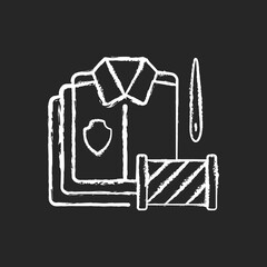 Fototapeta premium Bulk orders chalk white icon on black background. Professional garment production. Material and fabric supply. Clothing alteration and repair services. Isolated vector chalkboard illustration