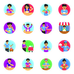 Fototapeta premium Flat Rounded Icons of Food and Drinks