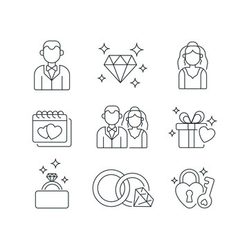 Wedding linear icons set. Man and woman engagement ceremony. Thin line customizable illustration. Contour symbol. Vector isolated outline drawing. Editable stroke