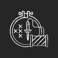 Embroidery chalk white icon on black background. Cross stitching. Needle with thread, spool. Hobby and craftsmanship. Clothing alteration and repair services. Isolated vector chalkboard illustration