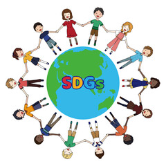 地球とその周りで手を繋ぐ色んな人種の子供たちのSDGsイメージのイラスト