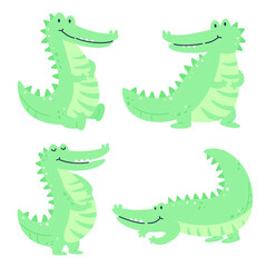 Set of doodle crocodiles in different poses.