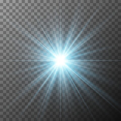 Realistic blue starburst lighting isolated on transparent background. Glow light effect. Glowing light burst explosion. Bright star illuminated. Flare effect decoration with ray sparkles. Vector