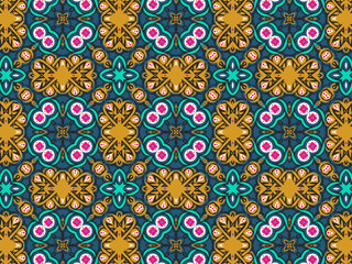 Wallpaper Geometric Ornament Abstract Pattern Green, Black, Blue, and Gold Yellow with Red Dots For print and Background. Geometric Tile Digital Paper.