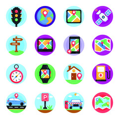 Navigation and Maps Flat Round Icons
