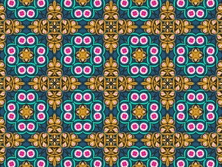 Wallpaper Geometric Ornament Abstract Pattern Green, Black, Blue, and Gold Yellow with Red Dots For print and Background. Geometric Tile Digital Paper.