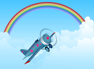 Naklejka na ściany i meble Vector illustration of a plane making aerobatics under the rainbow, through the clouds.